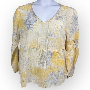 Style & Co Womens Tunic Top Yellow Gray Floral Print Lace Trim Tassel Tie XL